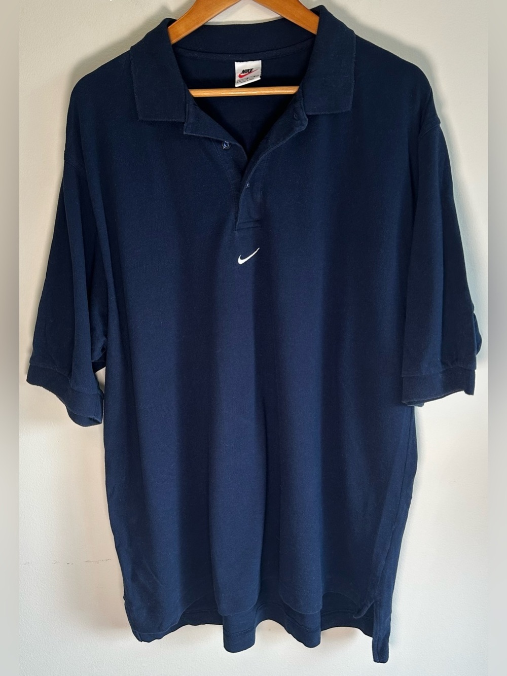 Vintage 90s Nike Men’s Polo Shirt Size L Center Check Swoosh Logo Navy Baggy